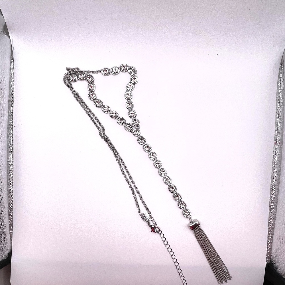 Contemporary Silver Tone Chiclet Crystal Y Tassel Long Necklace - Picture 9 of 13